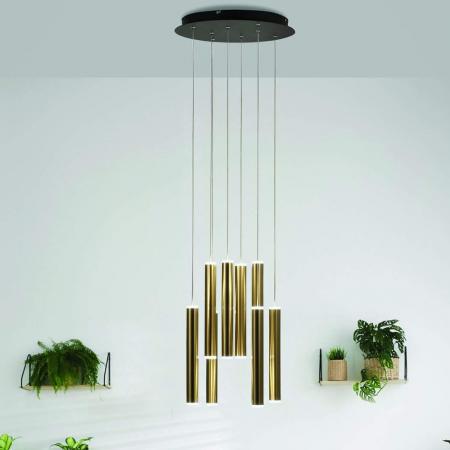 Prado 8-flammige LED Pendelleuchte im Röhrenstil mit Ober- und Unterlicht in Gold dimmbar von Fabas Luce