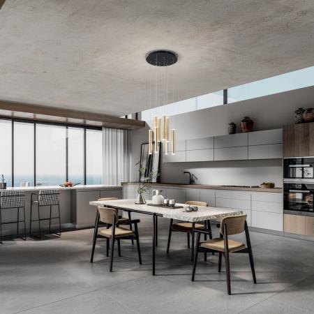 Prado 8-flammige LED Pendelleuchte im Röhrenstil mit Ober- und Unterlicht in Gold dimmbar von Fabas Luce