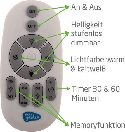 New Garden Rocket 70 Stehleuchte In&Out mit Holzfüßen dimmbare LED mit Fernbedienung 230V, Höhe Schirm 40 cm, IP65
