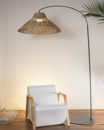 New Garden Kabellose Bogen Stehlampe NIZA - handgeflochtene Naturfaser - Akku für Innen & Außen mit Fernbedienung