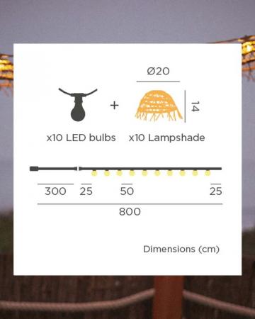 New Garden Solar LED-Lichterkette ALBA 8 Meter In&Out IP44 Licht: Warmweiss - mit 10 großen Rattan Schirmen - Ø 20 cm, Höhe 14 cm