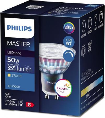 Philips GU10 MASTER LED Strahler Expert Color 5.5 wie 50W dimmbar schmaler 36°-Abstrahlwinkel warmweißes Licht 97Ra erstklassige Farbwiedergabe