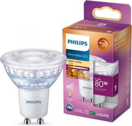 PHILIPS LED Strahler GU10 6.2W wie 80W 36° WarmGlow DIMMBAR 2200K-2700K Hoher Farbwiedergabeindex (CRI 90)