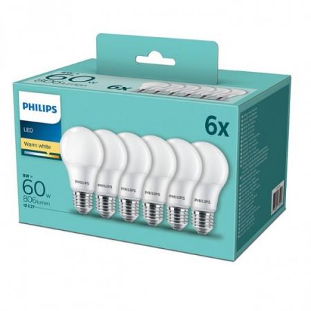 6er-Sparpack PHILIPS E27 LED Glühbirnenform opalweiss gefrostet 8W wie 60W blendfreies warmweisses Licht 2700K