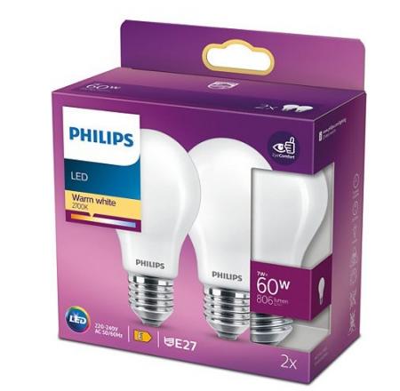 2er Set E27  PHILIPS LED Lampe 7W wie 60W 2700K warmweißes Licht weiß mattiert & blendfrei