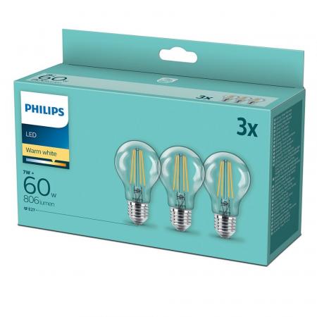 3er-Set E27 PHILIPS LED Klar in Tropfenform 7W wie 60W warmweisse Filament