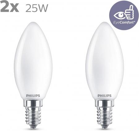 2er Set Philips E14 LED Classic Kerzenlampe 2,2W wie 25W Matt 2700K warmweißes Licht