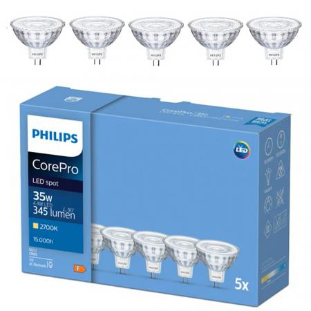 5er Pack Philips CorePro GU5.3 Mr16 Strahler 4,4W 36° 2700K wie 35W warmweisses Wohnlicht für Wand- und Deckenspots