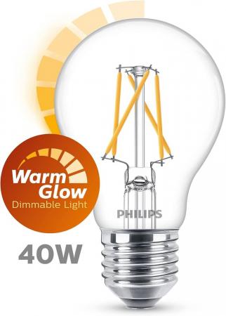 PHILIPS LED Leuchtmittel E27 3,4W = 40W WarmGlow warmweißes Licht mit Dimmfunktion und hoher Farbwiedergabe 90Ra