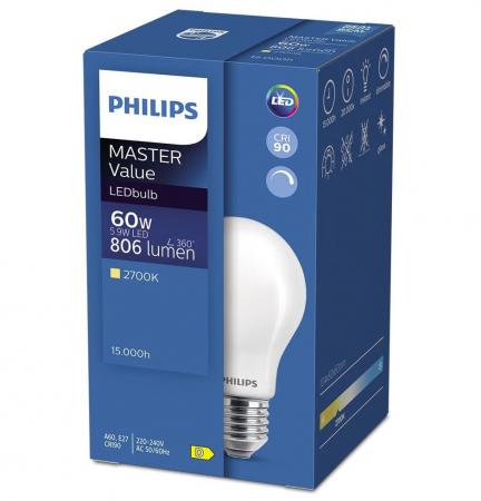 PHILIPS E27 Master Value LED-Birne 5,9W wie 60W 90Ra dimmbar warmweißes Licht mit hoher Farbwiedergabe - mattierte Oberfläche
