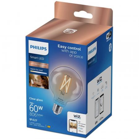 PHILIPS WiZ Smart LED Filament Kugellampe G95 7W wie 60W E27 806lm 2700–6500K dimmbar WLAN Bluetooth Matter klar