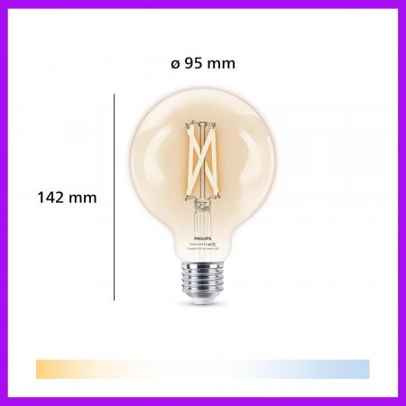 PHILIPS WiZ Smart LED Filament Kugellampe G95 7W wie 60W E27 806lm 2700–6500K dimmbar WLAN Bluetooth Matter klar