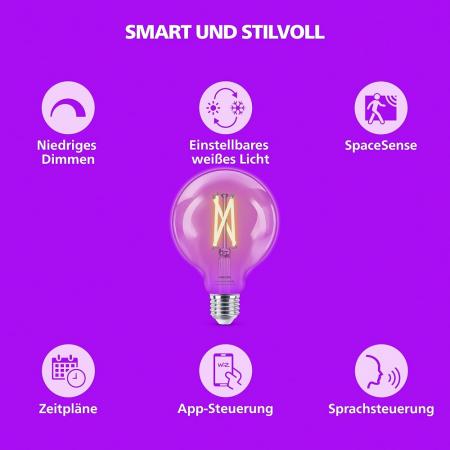 PHILIPS WiZ Smart LED Filament Kugellampe G95 7W wie 60W E27 806lm 2700–6500K dimmbar WLAN Bluetooth Matter klar