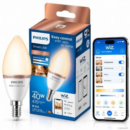 PHILIPS WiZ Smart LED Kerzenlampe C37 4,9W wie 40W E14 470lm RGB+CCT 2200–6500K dimmbar WLAN Bluetooth Matter