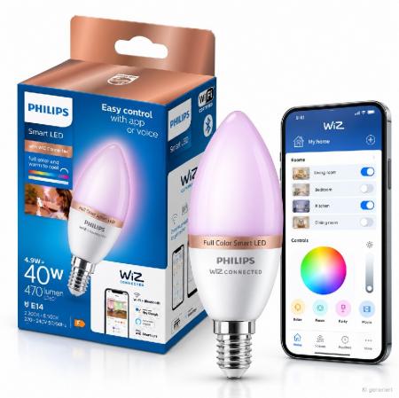 PHILIPS WiZ Smart LED Kerzenlampe C37 4,9W wie 40W E14 470lm RGB+CCT 2200–6500K dimmbar WLAN Bluetooth Matter