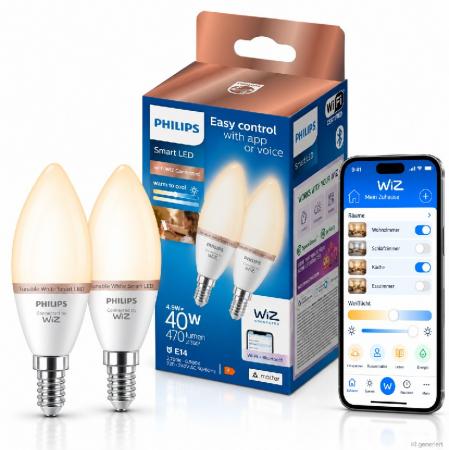 2er-Pack Philips WiZ Smart LED-Kerzen C37 E14 2×4,9W wie 40W 2×470lm 2700–6500K dimmbar WiFi