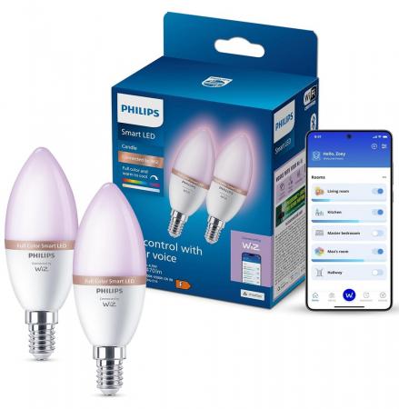 2er-Pack Philips WiZ Smart LED-RGB-Kerzen C37 E14 2×4,9W wie 40W 2×470lm 2200–6500K dimmbar WiFi Bluetooth