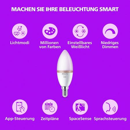 2er-Pack Philips WiZ Smart LED-RGB-Kerzen C37 E14 2×4,9W wie 40W 2×470lm 2200–6500K dimmbar WiFi Bluetooth