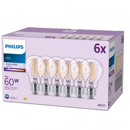 6er Set Philips LEDclassic A60 E27 7W 4000K Neutralweiß Glühfaden – wie 60 Watt