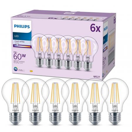 6er Set Philips LEDclassic A60 E27 7W 4000K Neutralweiß Glühfaden – wie 60 Watt