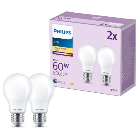 Philips LED Lampen Set 2x E27 A60 7W 2700K Warmweiß – energieeffiziente Leuchtmittel für klassische Raumbeleuchtung