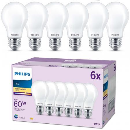 Philips Set mit 6x LED Lampen E27 A60 7W = 60W 806lm 2700K Warmweiß Leuchtmittel birnenform matt Sparset