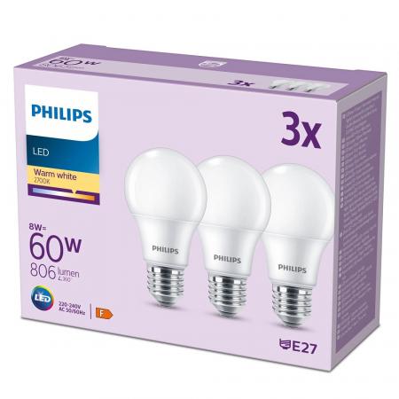 3er Set PHILIPS LED E27 A60 8W = 60W 806lm 2700K warmweiß