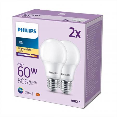 2er Set PHILIPS LED E27 A60 8W = 60W 806lm 2700K warmweiß