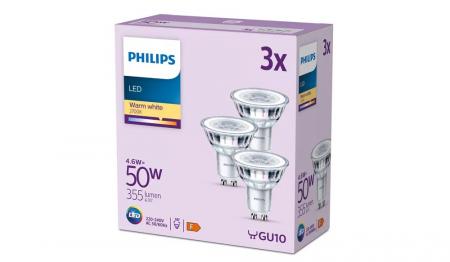 Philips LED-Spotlampen Set 3x GU10 PAR16 4,6W 2700K Warmweiß 36° – energieeffiziente Reflektor Spots für wohnliche Akzent- und Raumbeleuchtung