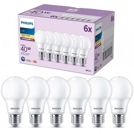 6er Set PHILIPS LED E27 A60 5W = 40W 470lm 2700K warmweiß matt