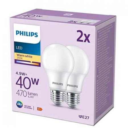 2er Set PHILIPS LED E27 A60 5W = 40W 470lm 2700K extra warmweiß