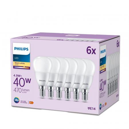 6er Set PHILIPS LED E14 P45 4,9W = 40W 470lm 2700K warmweiß matt
