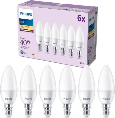 6er Set Philips LED Kerzenlampe E14 B35 4,9W 2700K 470lm warmweiß matt