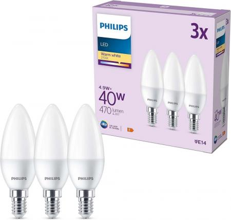 3er Set PHILIPS LED E14 Kerze P45 4,9W = 40W 470lm 2700K warmweiß matt