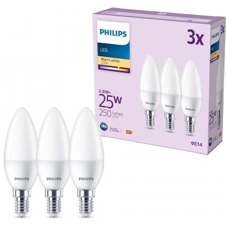 3er Set PHILIPS LED Kerze E14 3W = 25W 250lm 2700K warmweiß matt