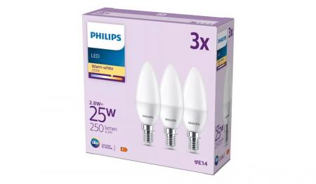 3er Set PHILIPS LED Kerze E14 3W = 25W 250lm 2700K warmweiß matt