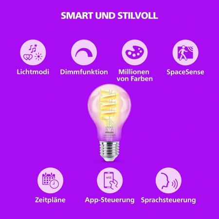 Philips WiZ Smart LED-RGB-Filament A60 E27 6,3W wie 40W 470lm 2200–6500K dimmbar WiFi Bluetooth