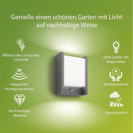 Philips ultraeffiziente Outdoor Wandleuchte Arbour mit Sensor 3,8 W mit warmweißem Licht IP44 anthrazit