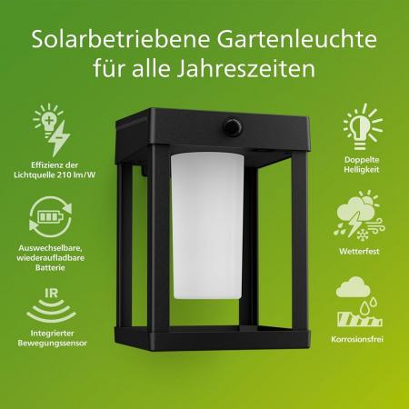 Philips Outdoor Solar Wandleuchte Camill  Ultra-Efficient schwarz 1,4W, Dual-Bright Sensor, eckig, matt, 3000 Kelvin, IP44 wetterfest,