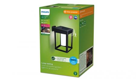 Philips Outdoor Solar Wandleuchte Camill  Ultra-Efficient schwarz 1,4W, Dual-Bright Sensor, eckig, matt, 3000 Kelvin, IP44 wetterfest,