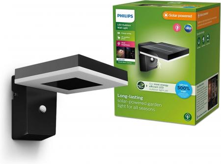 Philips Outdoor Ultra-Efficient Solar Zonal Wandleuchte 1.3W, Tageslicht- und Bewegungssensor, eckig, 3000 Kelvin, schwarz