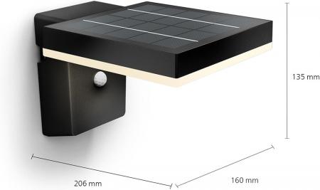 Philips Outdoor Ultra-Efficient Solar Zonal Wandleuchte 1.3W, Tageslicht- und Bewegungssensor, eckig, 3000 Kelvin, schwarz, Kunststoff