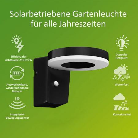 Philips ultra effiziente Solar Wandleuchte Zonal in Schwarz mit Tageslicht- und Bewegungssensor IP44 warmweißes Licht