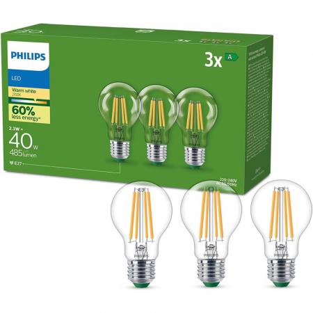 3er Set  Philips LEDclassic Ultra Efficient A60 E27 2,3W wie 60W 806lm 2700K Klar – extrem effiziente Allgebrauchslampe