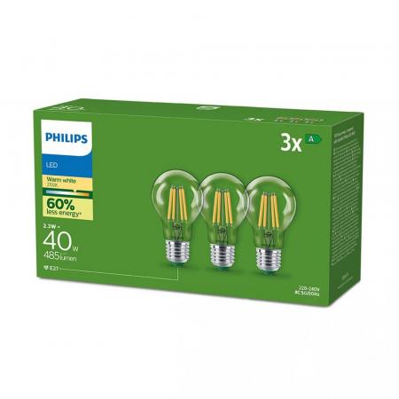 3er Set  Philips LEDclassic Ultra Efficient A60 E27 2,3W wie 60W 806lm 2700K Klar – extrem effiziente Allgebrauchslampe