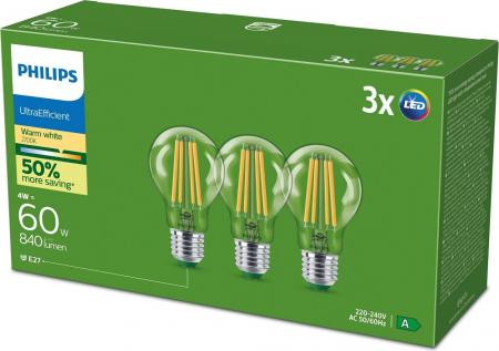 3er Set Philips LEDclassic Ultra Efficient A60 E27 4W wie 60W 640lm 2700K Klar