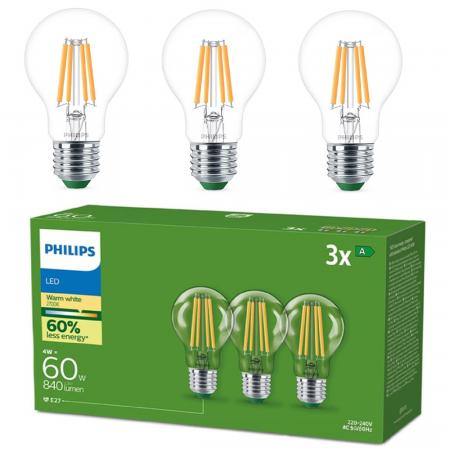 3er Set Philips LEDclassic Ultra Efficient A60 E27 4W wie 60W 640lm 2700K Klar