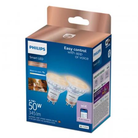 Philips 2er Set WIZ  GU10 Smart Strahler warm- bis kaltweiße Licht 2700-6500K 36° 4,7 W (entspr. 50 W)