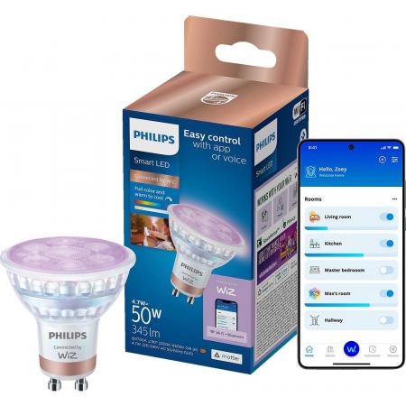 PHILIPS WiZ Smart LED GU10 4,7W wie 50W 345lm RGB+CCT 2200–6500K 36° dimmbar WLAN Bluetooth Matter Glas
