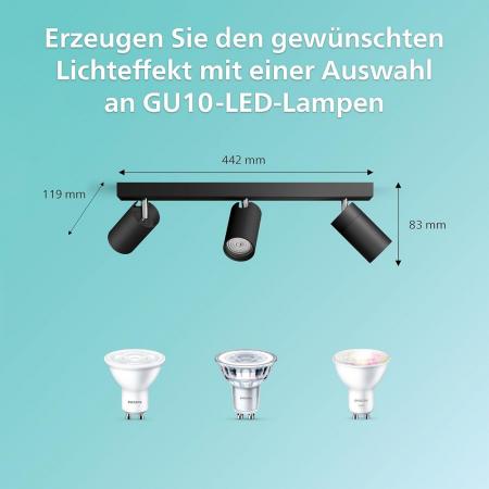 Philips 3er Idris Deckenstrahler in Schwarz IP44 - Badezimmer geeignet, dimmbar mit 3 x GU10 Fassung